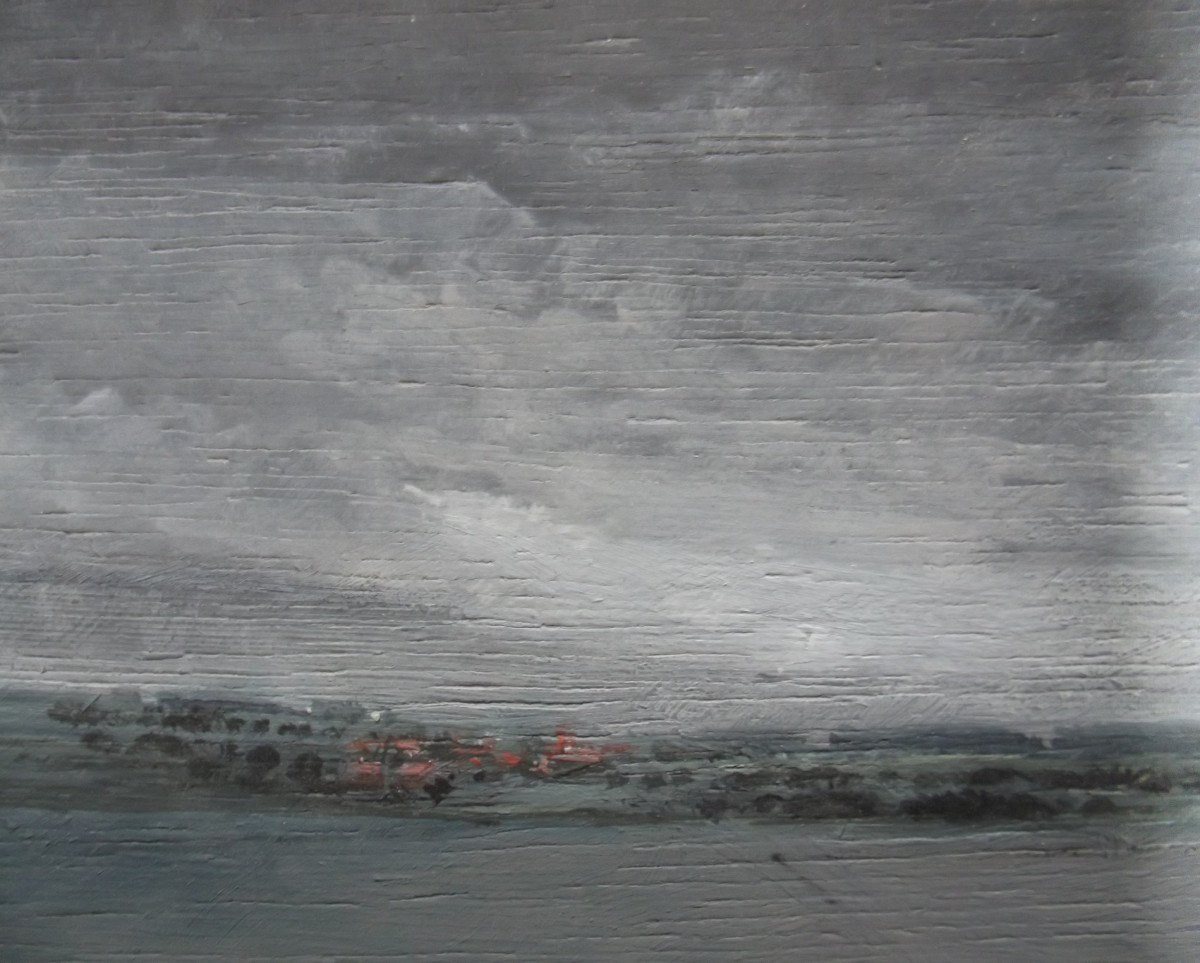 peinture sur bois village et ciel gris