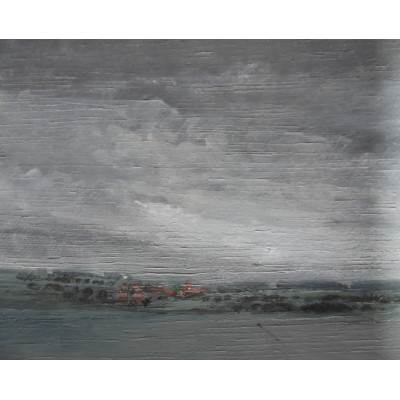 peinture village et ciel gris